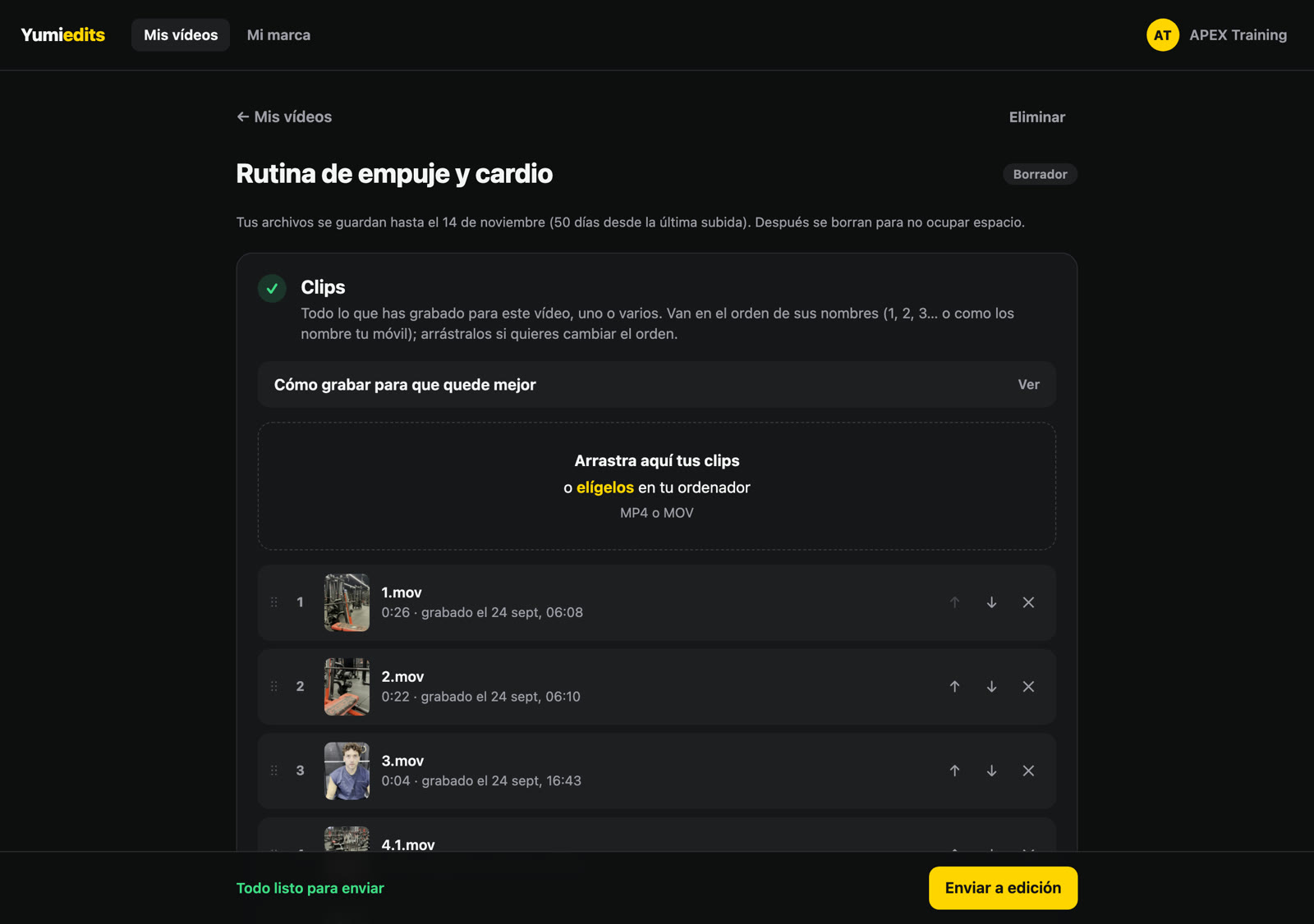 Portal de Yumiedits: un vídeo con sus clips subidos, listo para enviar a edición